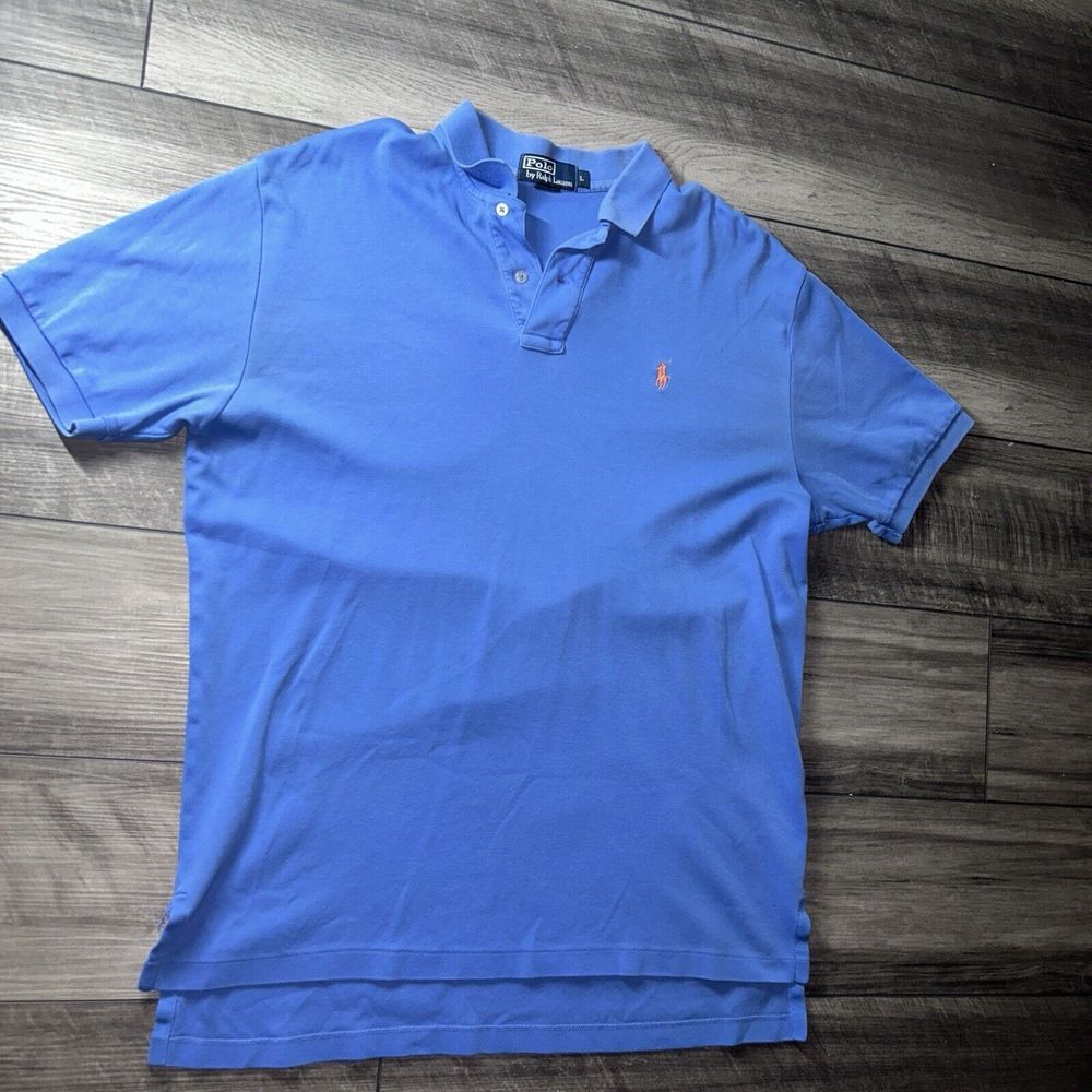 Vintage Polo Ralph Lauren Short Sleeve Baby Blue Orange‎ Pony Men's L Large - Picture 2 of 8